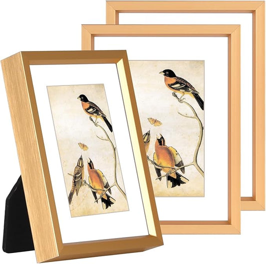 3x4 Picture Frame Set of 3, Gold Aluminum Metal Photo Frames with HD Glass, Fits 2x3 with Mat or 3 x 4 without Mat, Display for Wall and Table