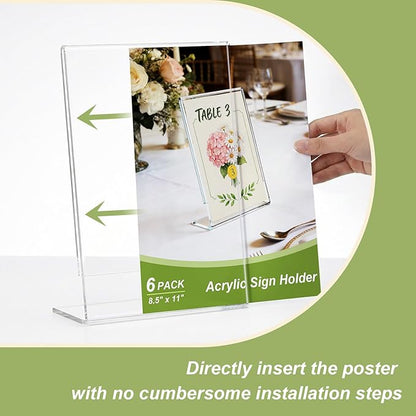 6 Pack Acrylic Sign Stand Holders, 8.5 x 11 Clear Plastic L Shape Table Paper Display Stand, Suit for Displaying Posters, Picture, Flyers, Menu
