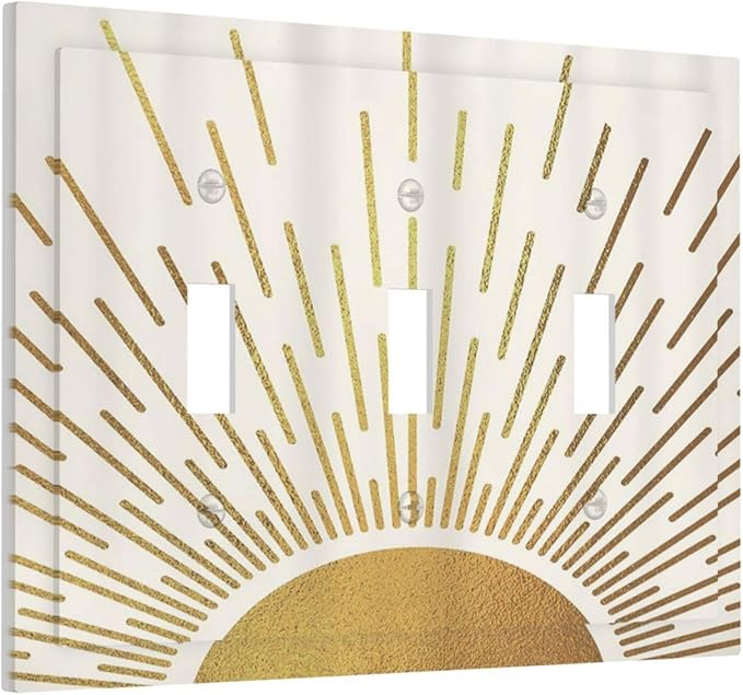 Decorative Light Switch Cover Plate Boho Mid Century Gold Sun Sunbeams 3 Gang Wall Plates for Electrical Outlets Triple Toggle Switch Plate Covers Outlet Covers Faceplate for Home Decor