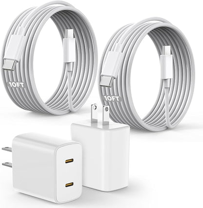 45W 2 Pack Super Fast Charger USB C Dual Port with 2×10FT White Type-C Charger Cord Block for iPhone17/17air/17 Pro/16/16e/16Pro Max/15/15Plus,i Pad,Compact Plug for Home/Travel, Safe & Durable Design