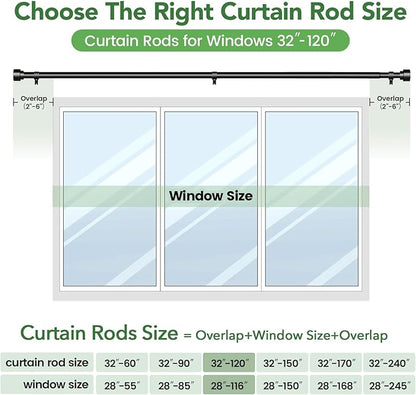 Time Forest Black Curtain Rods for Windows 32 to 120 Inch (2.6-10 Feet), 1 Inch Diameter Adjustable Heavy Duty Curtain Rod, Modern Style Indoor Outdoor Long Window Drapery Rods with End Caps