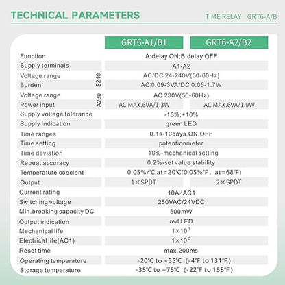 Time Relay Delay Turn Off 10A Adjustable Smart Relay Electronic Timer in Din Rail, 0.1s-10 Days Wide Range Delay Factory Automation Time Universal Voltage GRT6-B1 AC 230V