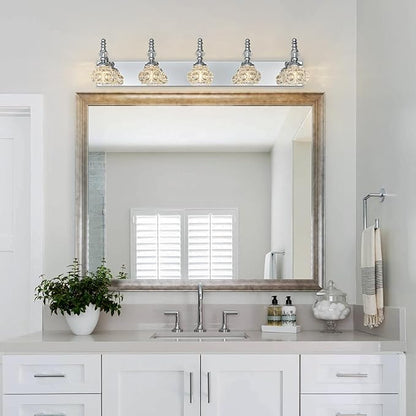 Modern Glass Crystal Vanity Light - Vintage Bathroom Lighting Fixtures Over Mirror, 5 Light Vanity Lights, G9 Bulb (35.43 Inch, Chrome)