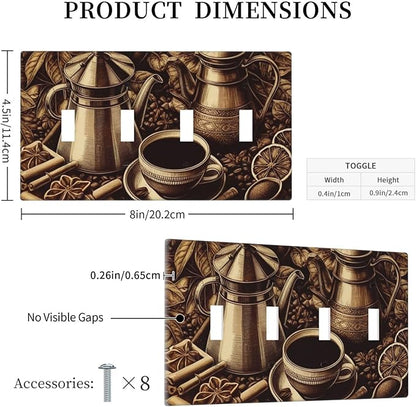 Decorative Light Switch Cover Plate Vintage Coffee Beans Leaf Cup 4 Gang Wall Plate Oversized Quad Toggle Switch Cover Plate Jumbo Faceplate for Kitchen Home Decor