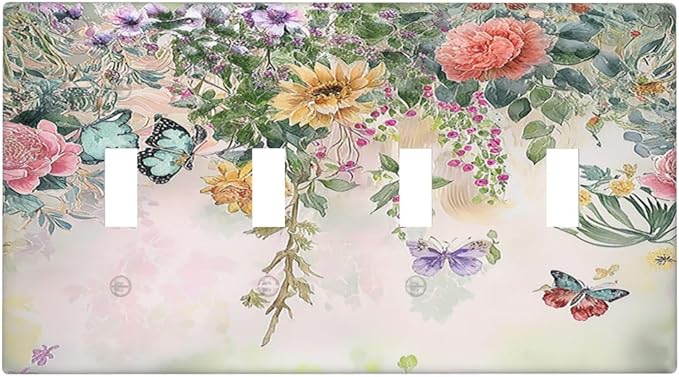 Light Switch Cover Plate Rustic Floral Watercolor Flower Blossom Butterfly Quad Toggle Wall Plates Decorative Switch Plates 4 Gang Outlet Covers Electrical Panel Cover Faceplate for Home 4.5 X 8 IN