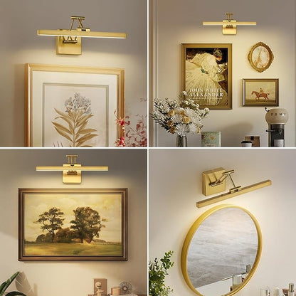 Hard-Wired Picture Light Dimmable LED Picture Lights for Paintings 15.7" Inch Brass Metal Body Wall Pictures with Adjustable Gold Swing Arm Art Display Lamps 7W 3000K Warm White Book Light