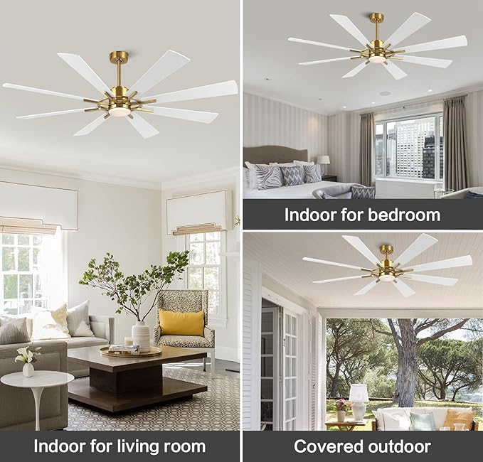 WINGBO 72" DC Ceiling Fan with Lights, Gold and White Ceiling Fan with 3 Downrods, 8 Plywood Blades, 6-Speed Reversible DC Motor, Modern Ceiling Fans Indoor for Kitchen Bedroom Living Room
