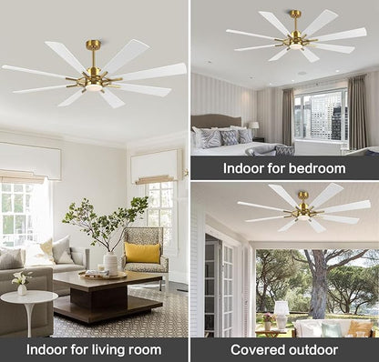 WINGBO 72" DC Ceiling Fan with Lights, Gold and White Ceiling Fan with 3 Downrods, 8 Plywood Blades, 6-Speed Reversible DC Motor, Modern Ceiling Fans Indoor for Kitchen Bedroom Living Room