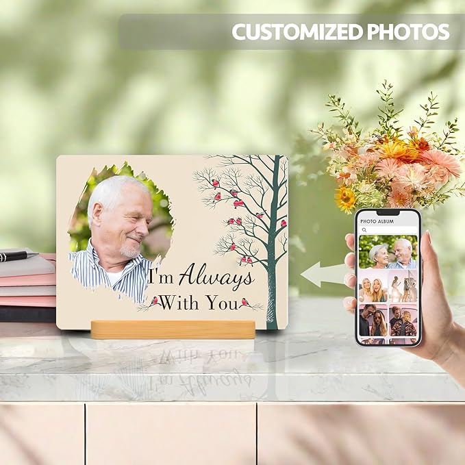 Custom Photo Prints - Metal Desktop Picture Frame with Photos & Text & Wooden Base Personalized Gifts for Family Lovers Pets and Friends, Optional Multiple Sizes