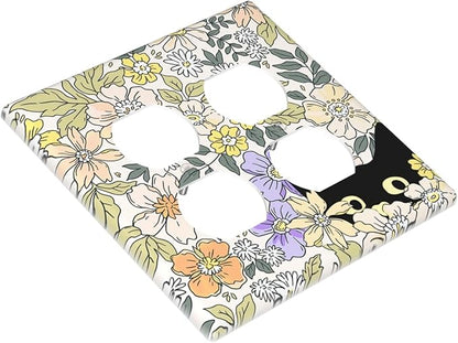Decorative Outlet Covers Cute Black Cat in a Flower Patch Botanical Garden 2 Gang Wall Plate Double Duplex Receptacle Light Switch Covers Switch Plate Cover for Bedroom Home Decor