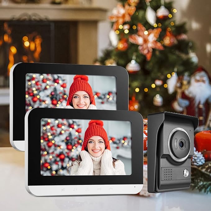 Video Intercom System, 7 Inch doorbell with Camera and Monitor, Video doorbell with IR-Cut Rainproof Outdoor Camera Visual Two-Way Intercom Audio Remote Unlock(1 Camera & 2 Monitors)