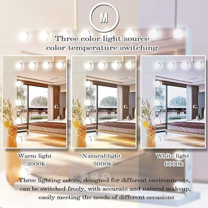 THEKLA 24 x 32 Inch Hollywood Light Vanity Mirror with 18 Bulbs Adjustable 3 Color Lights 32" Vanity Lighted Mirror for Bathroom Bedroom Wall Vanity Makeup Table Mirrors with Lights Base X10 Magnifier