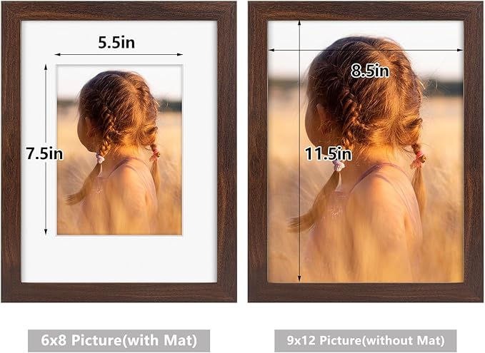 Golden State Art, 9x12 Picture Frame with Mat for 6x8 - High Definition Glass Wall Mounting Horizontal Vertical Display (Brown, 2 Pack)