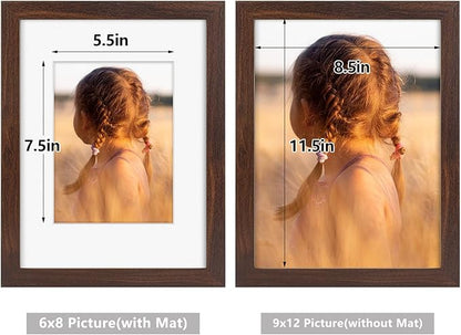 Golden State Art, 9x12 Picture Frame with Mat for 6x8 - High Definition Glass Wall Mounting Horizontal Vertical Display (Brown, 2 Pack)