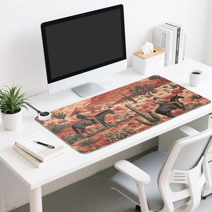 Heated Desk Pad Mouse Pad 31.5x13 Inch PU Leather Desk Mat with 3 Heat Levels Large Mouse Gaming Computer Laptop Mat Cowboys Horses Cactus Desert