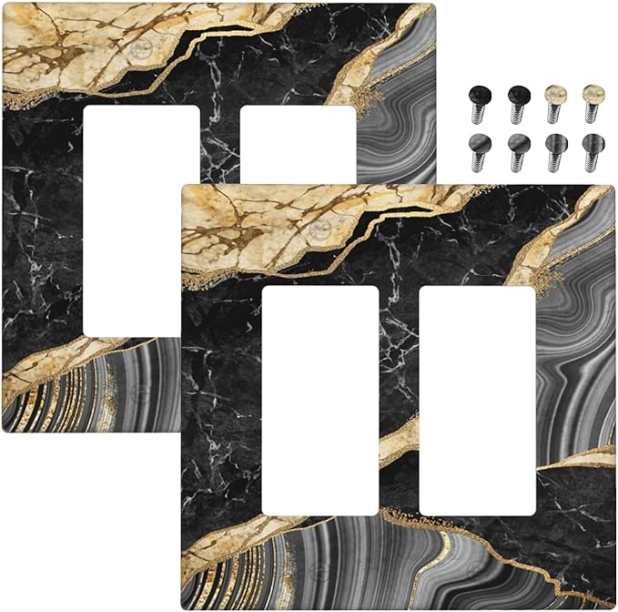 Decorative Outlet Covers Modern Abstract Black Gold Marble 2 Gang Light Switch Cover Plate Double Rocker Wall Plate Switch Plate Covers Faceplate for Bathroom Kitchen Decor （2 Pack）