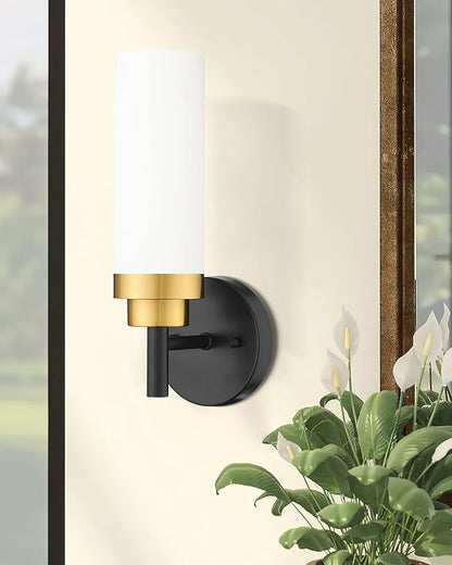 Emak Modern Wall Sconce, Black Gold Bathroom Light Fixtures with Milk Glass Shade, 2 Pack Wall Lamp for Bathroom, Bedroom, Living Room, Hallway, WS085-BKBGD-ML-2PK