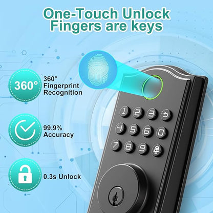Smart Front Door Lockset, Keyless Entry Deadbolt with Handle, Fingerprint/App/Code/Key Unlock, Anti-Peeping Keypad, Auto-Lock, Easy Install