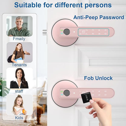 Fingerprint Door Lock, 6-in-1 Smart Door Knob with App Control/Fingerprints/IC Cards/Passwords/2 Keys, Fingerprint Door Knob Biometric Door Lock for Bedroom Apartment-Pink