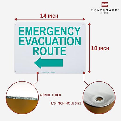 TRADESAFE Emergency Evacuation Route Sign - Evacuation Plan With Arrow Left, Quick Install Aluminum Safety Sign, Light Reflective, UV-Resistant, Waterproof, 14” X 10” Signs for Business