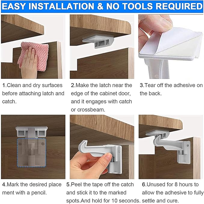 6 Pack Upgraded Invisible Baby Proofing Cabinet Latch Locks – No Drilling or Tools Needed, Fits Most Cabinets & Drawers, Works with Countertop Overhangs, Strong Adhesive for Easy & Secure Installation
