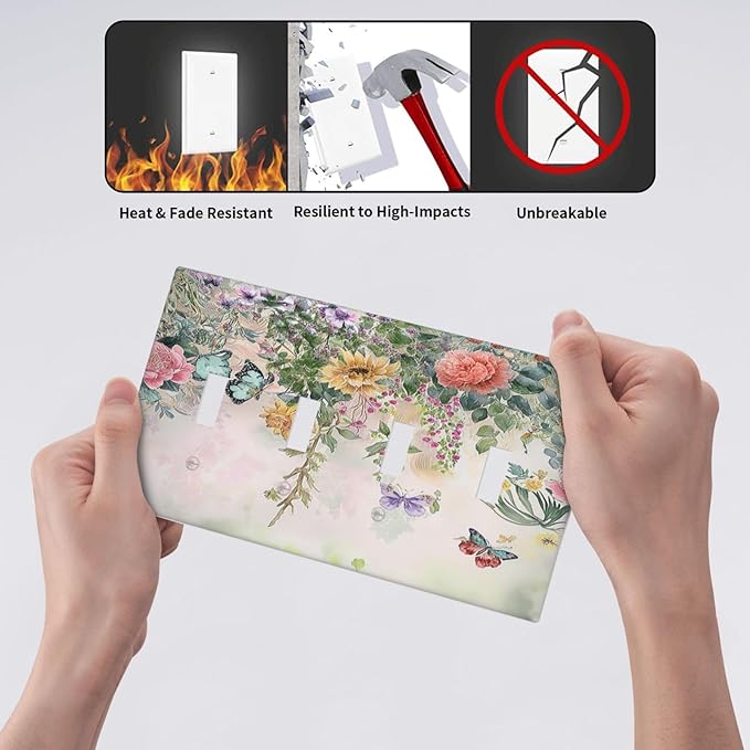 Light Switch Cover Plate Rustic Floral Watercolor Flower Blossom Butterfly Quad Toggle Wall Plates Decorative Switch Plates 4 Gang Outlet Covers Electrical Panel Cover Faceplate for Home 4.5 X 8 IN