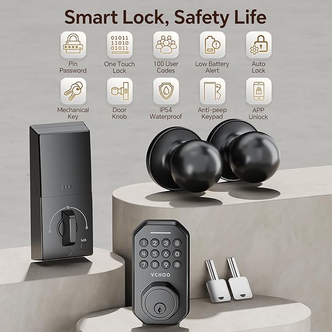 Keyless Entry Door Lock with Handle, App Control Door Locks for Front Door, Auto Lock Keypad Door Lock with Handle, Smart Door Lock for Home Hotel Bedroom with 2 Door Knobs