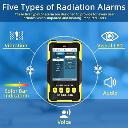 Nuclear Radiation Detector GQ GMC-800 Geiger Counter USA Design Product US National Standard Large Color LCD Display 5 Alarm Types Dosimeter Data Save & Global Share Beta Gamma X-ray Portable Device