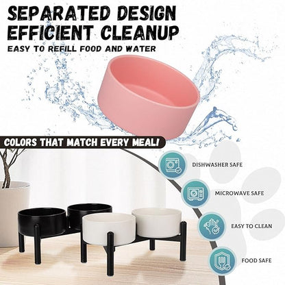 Raised Ceramic Dog Bowl Set - Elevated Double Dishes with Stainless Steel Stand - Food and Water Bowls for Small to Medium Dogs - Each Holds 2 Cups (28.75 fl oz) - Black