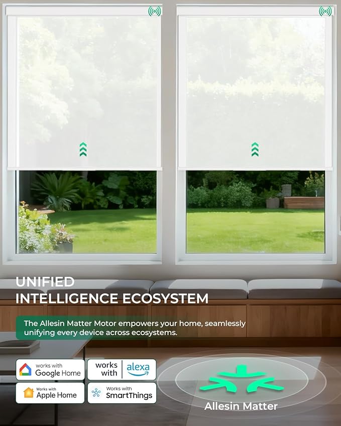 Allesin Motorized Roller Blinds – Rechargeable Smart Shades with Remote & Quiet Motor, Top/Bottom Aluminum Rails, Alexa-Compatible for Window (Custom Size, Light Filtering Seashell-Textured)