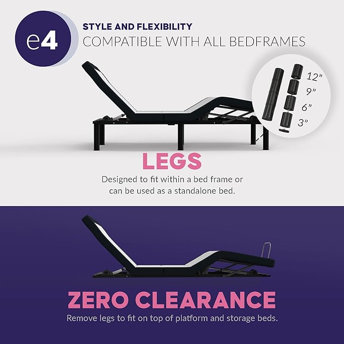 Blissful Nights e4 Split Top Flex Top King Adjustable Bed Base Frame, Massage, Anti-Snore, USB, Nightlight, Wireless Remote Head & Foot Incline, and 10-Year Warranty