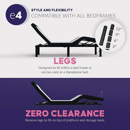 Blissful Nights e4 Split Top Flex Top King Adjustable Bed Base Frame, Massage, Anti-Snore, USB, Nightlight, Wireless Remote Head & Foot Incline, and 10-Year Warranty
