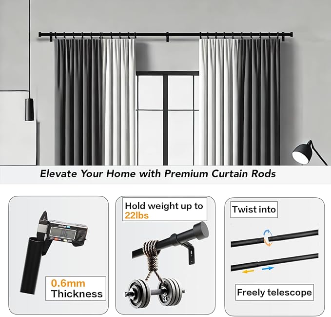 Black Curtain Rod for Windows 18 to 45 Inches, 1 Inch Adjustable Drapery Pole, Heavy Duty Outdoor/Indoor Modern Curtain Rods, Easy Installation(Black 18"-45")