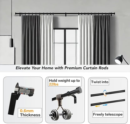 Black Curtain Rod for Windows 18 to 45 Inches, 1 Inch Adjustable Drapery Pole, Heavy Duty Outdoor/Indoor Modern Curtain Rods, Easy Installation(Black 18"-45")
