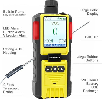 Volatile Organic Compounds VOC Detector by Forensics | USA NIST Calibrated & Certificate | USB Recharge | 0-100ppm VOC | Built-in Pump & 4ft Probe |