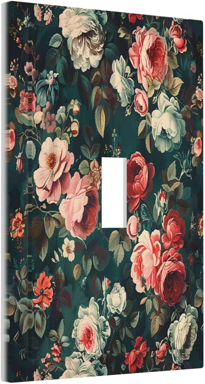 Decorative Light Switch Cover Baroque Vintage Peony Flower Floral 1 Gang Single Toggle Device Electrical Faceplate Switchplates Decorator Outlet Wall Plate for Bedroom Farmhouse Decor