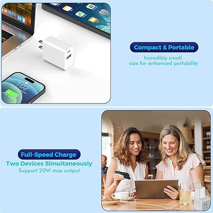 iPhone 17/16 Charger Block, 2Pack 20W Dual Port PD Fast USB C Wall Charger Adapter + USB A Quick Charging Brick Plug Compatible with iPhone Air/17/16/15/14/13/12/11/Pro Max/Plus/XS/XR/X,iPad,AirPods