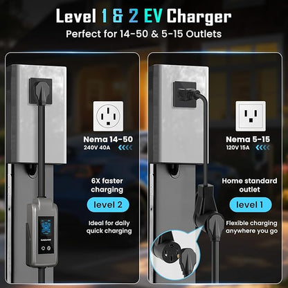 Level 2 EV Charger, 8X Faster Charging, Portable & IP66 Waterproof, NEMA 14-50 Plug for Home Garage & Outdoor Camping, Compatible with J1772 EVs (Tesla with Adapter) (32, Amps)