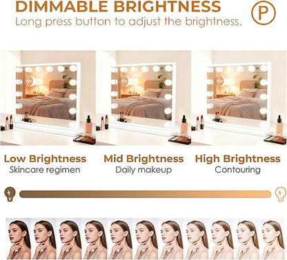 Lighted Vanity Mirror, Hollywood Style, 14.5 Inch LED Makeup Mirror, White/Black, Metal Frame, 10x Magnification, 3 Dimming Modes, Smart Touch Control (White)