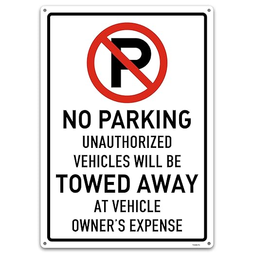 Brimar 12"x18" No Parking Vehicles Towed Away Sign - Aluminum, Weatherproof, Bold Red Lettering, Essential Warning for Vehicle Owners.