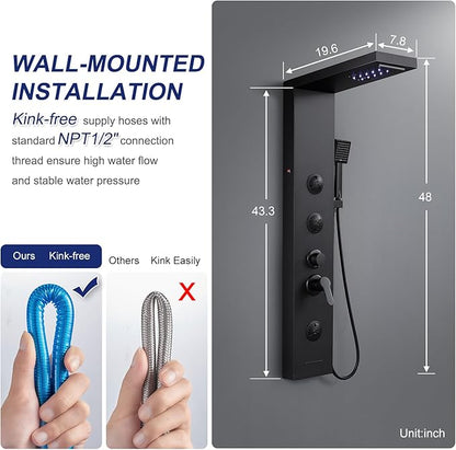 ROVATE LED Shower Panel Tower System with Rainfall Waterfall Shower, Matte Black Shower Panel with Jets and Rainfall and Handheld, 5 in 1 Stainless Steel Shower Tower High Pressure with Tub Spout