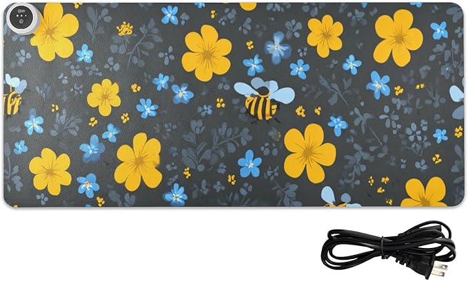 Heated Desk Pad Mouse Pad 31.5x13 Inch PU Leather Desk Mat with 3 Heat Levels Large Mouse Gaming Computer Laptop Mat Blue Floral Fragments and Bees