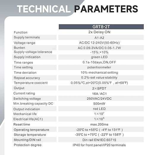 GRT8-2T Double Delay On Timer Relay，16A AC/DC12V to 240V Adjustable Two Groups of Output terminals with Different delay on Times Relay of Wide Time Delay Range for 0.1 Seconds to 10 Days