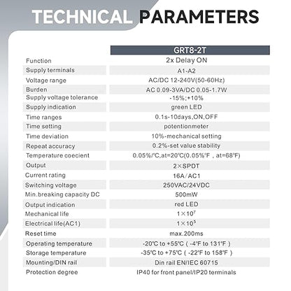 GRT8-2T Double Delay On Timer Relay，16A AC/DC12V to 240V Adjustable Two Groups of Output terminals with Different delay on Times Relay of Wide Time Delay Range for 0.1 Seconds to 10 Days