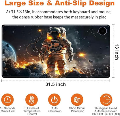 Heated Mouse Pad for Desk 31.5" x 13" – PU Leather Warm Desk Pad with 3 Heat Levels (104°F/113°F/122°F), Plug-in Electric Heating Mat with Auto Shut-Off, Waterproof & Rollable, Astronaut