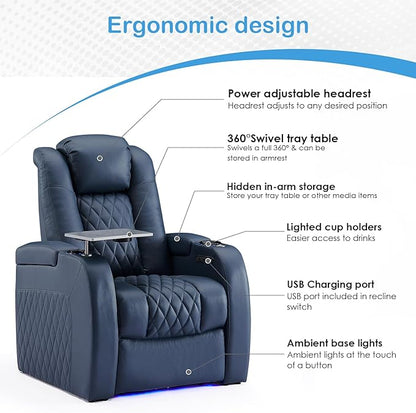 Weilianda Home Theater Seating Top Grain Leather Zero Gravity Recliner Chair Power Headrest Recline Movie Seat Gaming 7 Colors Mood Light Sofa with Tray Table USB Charge Row of 2 Loveseat Blue