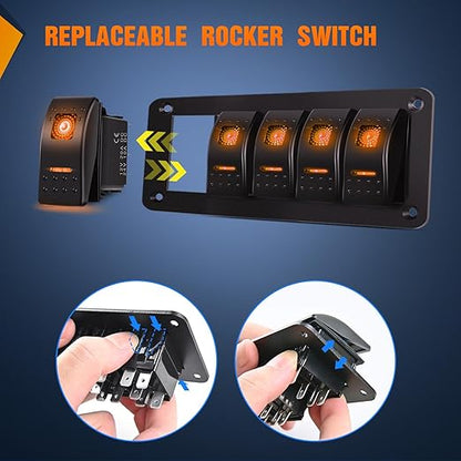 Nilight 5 Gang Rocker Switch Panel with Orange LED Light 5 Pin On Off Pre-Wired Aluminum Toggle Switches Waterproof for 12V/24V Cars Marine Boats ATVs Trailers RV Trucks