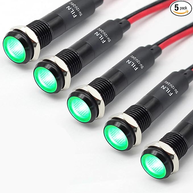 5Pcs 8MM (5/16'') led Indicator Light 12V 24V Metal Pilot Lamp Lights Aluminum Black Anodized Waterproof ip67 Red Signal Lamp Light(12V-Black Anodized-Green 5Pcs)
