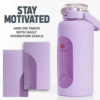 64 oz Glass Water Bottle – Lavender | Leakproof Half Gallon Glass Jug with Straw, Silicone Sleeve & Time Marker – Travel, Gym, Pregnancy, Daily Water Goals