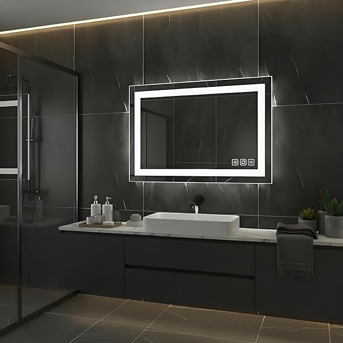 36 * 28inches LED Mirror, Smart Bathroom Mirror with Lights, Anti-Fog, Tempered Glass, 3 Colors Dimmable, Front and Backlit, CRI 90+, Wall Mounted, Memory